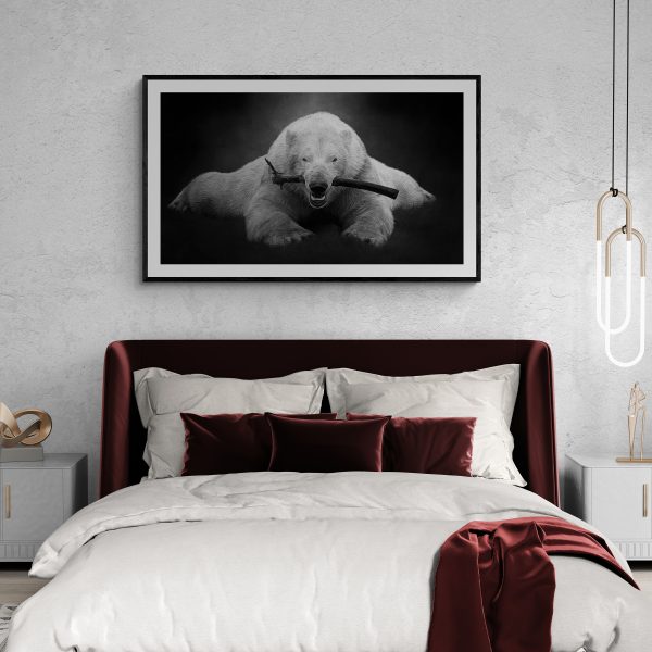 A black and white draw on photo fine art limited edition print. Polar bear with a stick in his mouth. Bedroom wall