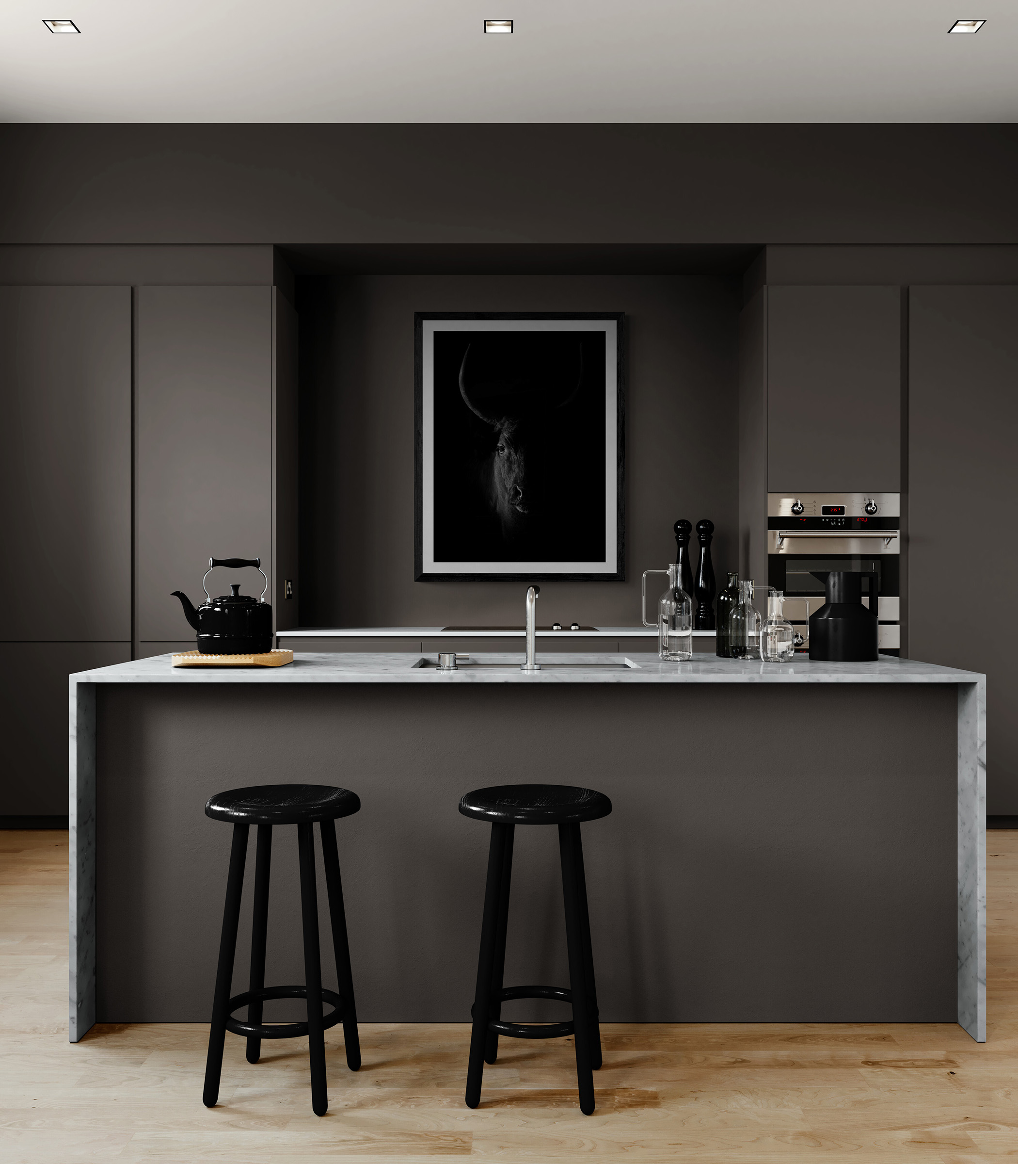 Black bull in a kitchen setting